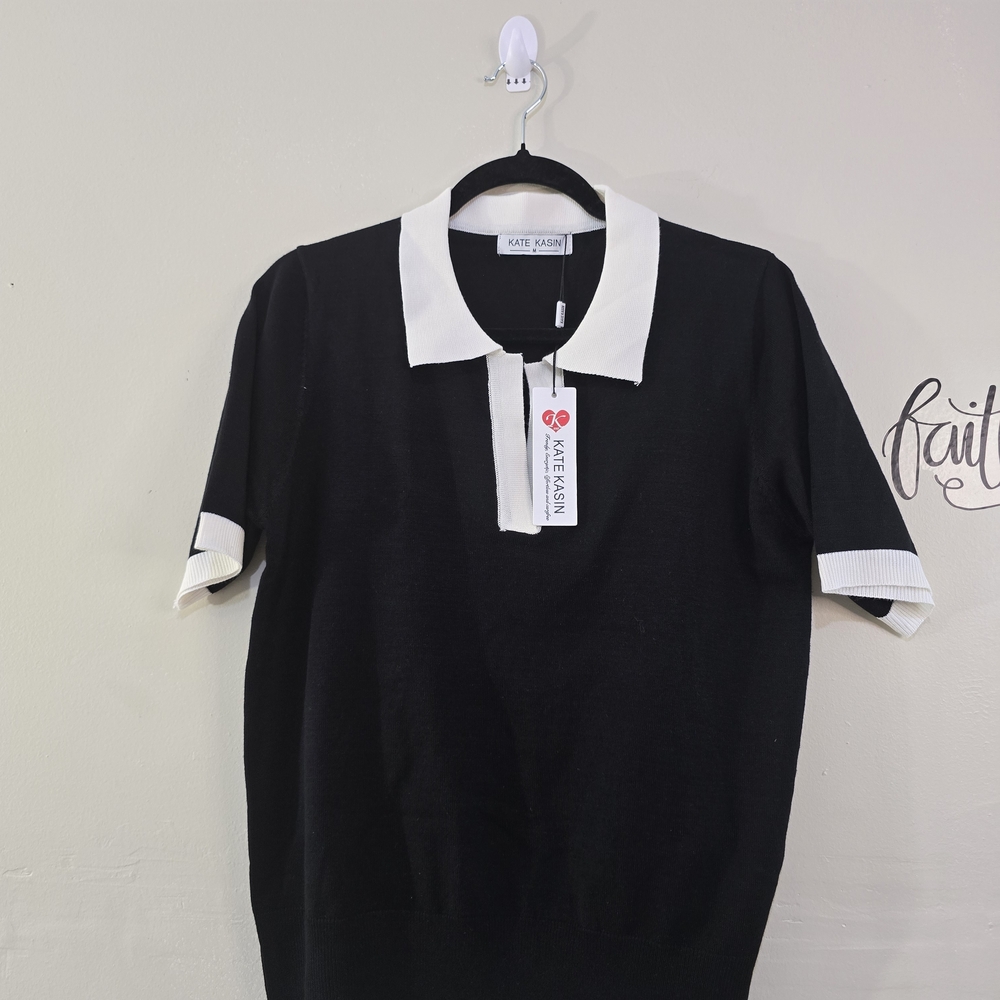 Kate Kasin Knit Polo Top – Black & White – Size M – NWT